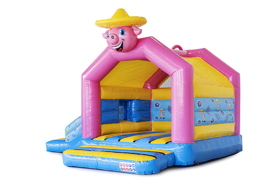 Buy promotional custom made Pig happy multifun bouncy castle with slide. Order now inflatable advertising bouncy castles in your own corporate identity at JB Inflatables UK