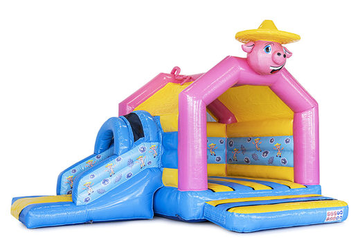 Order now custom made Pig happy multifun bouncy castle with slide at JB Promotions UK. Bespoke inflatable advertising bouncers in different shapes and sizes for sale