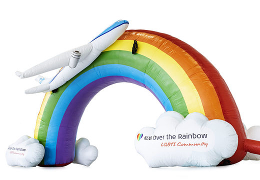 Inflatable customized rainbow advertisement arch with 3D airplane to buy at JB Promotions. Order custom-made advertising arches online at JB Inflatables UK