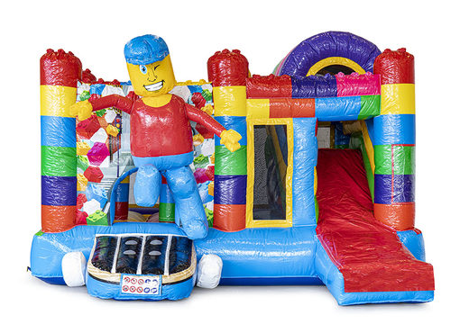 Buy superblocks themed medium inflatable multiplay bouncy castle with slide for kids. Order inflatable bouncy castles online at JB Inflatables UK