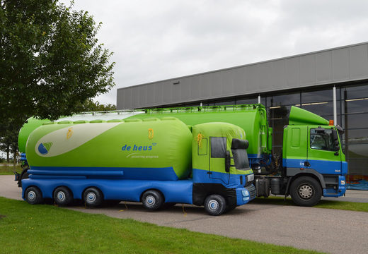 Buy green and blue inflatable De Heus truck eye-catcher. Order blow-up promotionals now online at JB Inflatables UK
