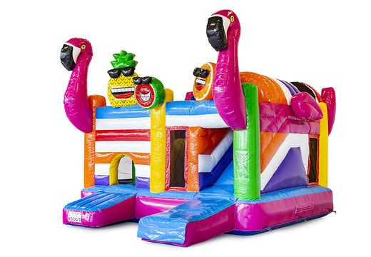 Buy inflatable open multiplay bouncy castle in theme flamingo with slide for children. Order inflatable bouncy castles online at JB Inflatables UK