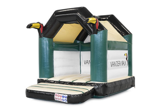 Order online custom made inflatable Hotel van der Valk midi bouncy castle completely in your own corporate identity, including the Toucan 3D object made at JB Promotions UK; specialist in inflatable advertising items such as custom bouncy castles
