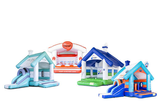 Order inflatable custom made promotional inflatable Estate Agent bouncy castles with or without a slide, in your own cheerful colors at JB Promotions UK; specialist in inflatable advertising items such as bespoke bouncy castles
