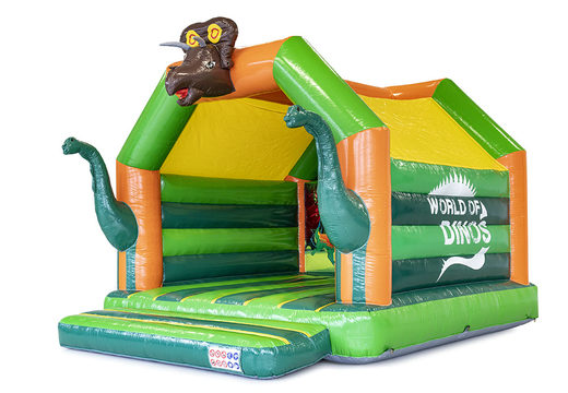 Buy custom made inflatable World of dinos A Frame Super bouncy castle with unique 3D objects and dino illustrations in different shapes and sizes. Promotional bouncy castles in all shapes and sizes made at JB Promotions UK