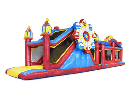 Order a 17 meter wide unique rollercoaster themed obstacle course with 7 game elements and colorful objects for children. Buy inflatable obstacle courses online now at JB Inflatables UK
