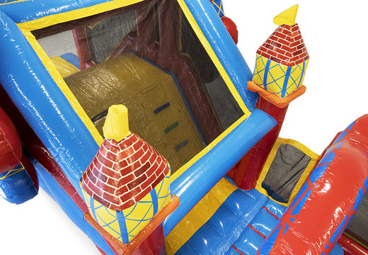Inflatable unique 17 meter wide rollercoaster themed obstacle course with 7 game elements and colorful objects for children. Order inflatable obstacle courses now online at JB Inflatables UK
