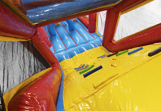 Unique 17 meter wide obstacle course in a rollercoaster theme with 7 game elements and colorful objects for kids. Buy inflatable obstacle courses online now at JB Inflatables UK