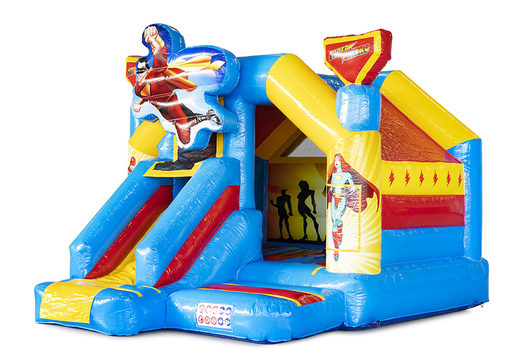 Buy a small indoor inflatable multiplay bouncy castle with slide in the theme of superhero for children. Order now inflatable bouncy castles with slide at JB Inflatables UK