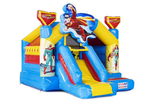 Buy superhero themed inflatable slide combo bouncy castle for kids. Inflatable bouncy castles with slide for sale at JB Inflatables UK