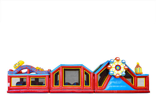 Order a modular 19m rollercoaster themed obstacle course with matching 3D objects and double courses in different themes for children. Buy inflatable obstacle courses online now at JB Inflatables UK