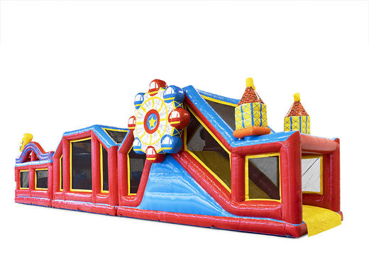 Buy inflatable 19 meter modular obstacle course in the theme rollercoaster with matching 3D objects and double courses in different themes for kids. Order inflatable obstacle courses now online at JB Inflatables UK