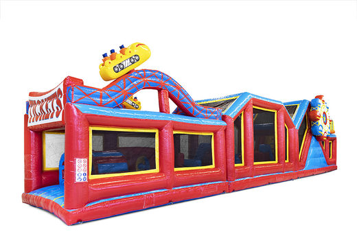 Modular rollercoaster obstacle course, 19 meters long with matching 3D objects and double courses in different themes for children. Order inflatable obstacle courses now online at JB Inflatables UK