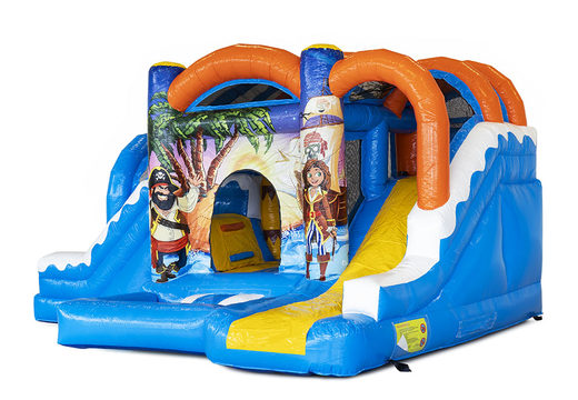 Buy a small indoor inflatable multiplay bouncy castle in pirate theme with slide for children. Order inflatable bouncy castles online at JB Inflatables UK