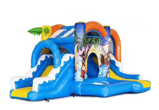 Buy a small inflatable bouncy castle in a pirate theme with slide for children. Order inflatable bouncy castles online at JB Inflatables UK