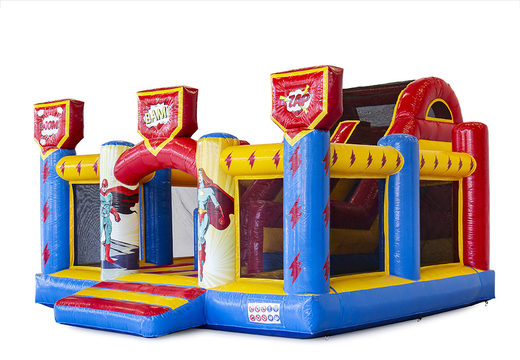 Custom made Hello 29 Slidebox Superhero bouncy castles are perfect for various events. Order bespoke promotional bouncy castles at JB Promotions UK
