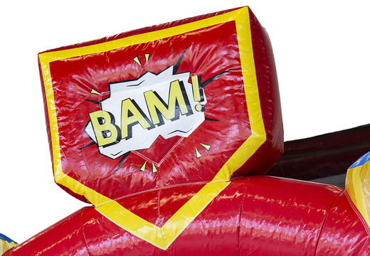 Order custom made Hello 29 Slidebox Superhero bouncy castle at JB Promotions UK; specialist in inflatable advertising items such as custom bouncers