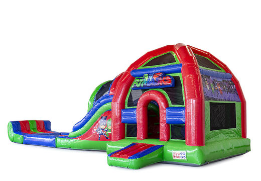 Order Custom PJ Masks super color multiplay bouncy castle, available with a bath, logo or your own art work at JB Inflatables Netherlands. Request a free design for inflatable bouncy castles in your own corporate identity now