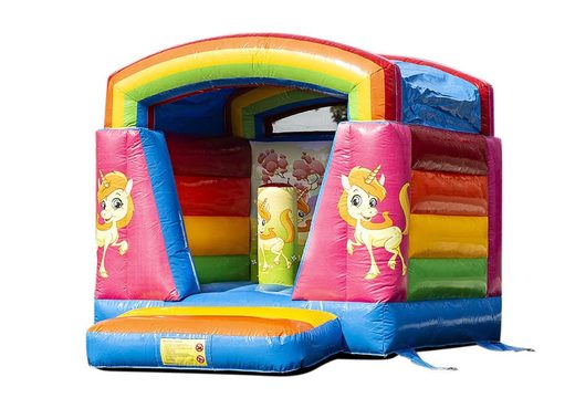 Small inflatable bounce house in rainbow unicorn theme to buy for kids. Available at JB Inflatables UK online