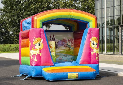 Small inflatable roofed bouncer in rainbow theme unicorn for sale at JB Inflatables UK online