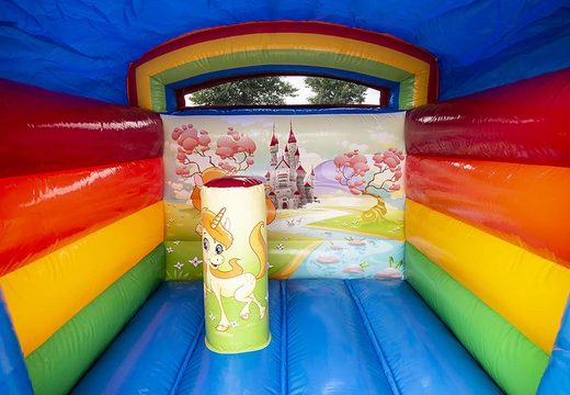 Small inflatable bouncy castle for commercial use in unicorn theme to purchase for kids. Buy bouncy castles at JB Inflatables UK online