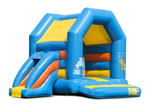 Midi multifun inflatable bounce house in for kids for sale in a color combination of yellow blue and orange in seaworld theme. Online available at JB Inflatables  UK 