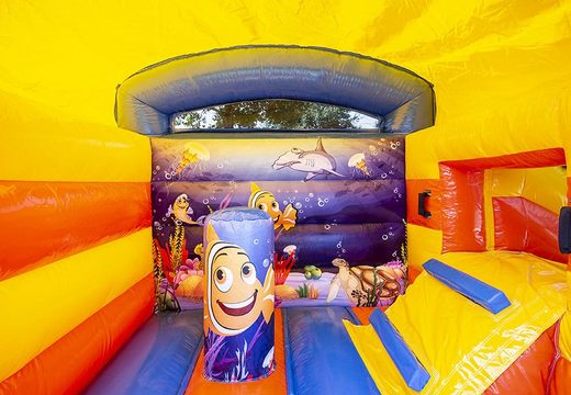 Buy a small multifun blue inflatable bouncy castle with roof for kids for commercial use in sea theme at JB Inflatables UK 