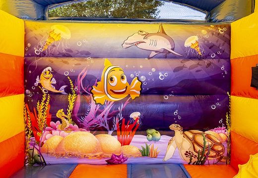 Small inflatable multifun bouncy castle in theme sea animals blue for sale. Buy bouncy castles at JB Inflatables UK online