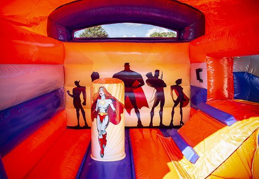 Buy a small commercial use multifun bouncy castle in superhero theme blue and orange for kids. Bouncy castles online available at JB Inflatables UK 