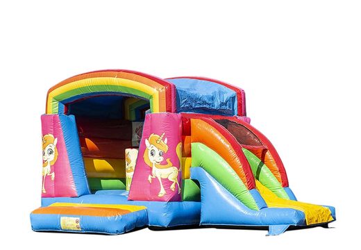 Small inflatable multifun bounce house in rainbow unicorn theme to buy for kids. Buy bounce houses online at JB Inflatables UK 