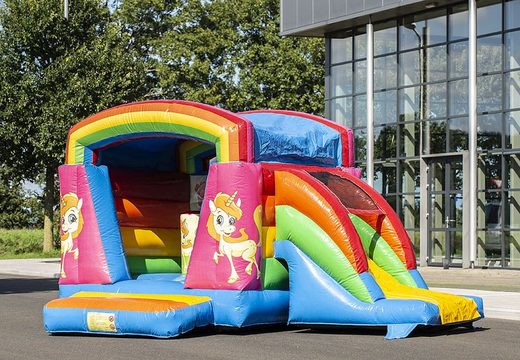 Small inflatable multifun bouncy castle in rainbow unicorn theme to buy for kids. Buy bouncy castles online at JB Inflatables UK 