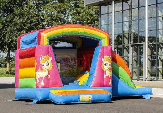 Small multifun inflatable roofed bouncer in unicorn theme for sale. Order bouncers at JB Inflatables UK online