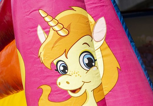 Puchase a small multifun bouncy castle in unicorn theme with roof for kids. Buy bouncy castles at JB Inflatables UK online