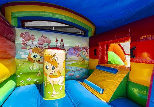 Small multifun bouncy castle for commercial use in unicorn theme to purchase for kids. Bouncy castles are for sale at JB Inflatables UK online