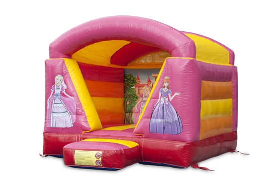 Buy a small inflatable bouncy castle with roof in pink and yellow princess theme for kids. Order bouncy castles now at JB Inflatables America online