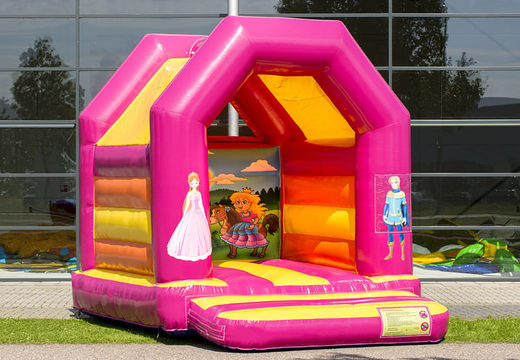 Midi inflatable bouncer in a color mix of pink and yellow in princess theme for kids to buy. Order bouncers online at JB Inflatables UK 