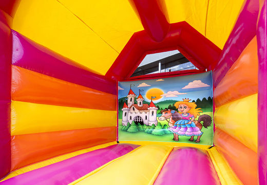 Buy a midi bounce house in a color combination of pink and yellow with a princess theme for kids. Visit JB Inflatables UK online