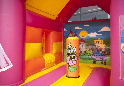 Midi princess theme multifun inflatable bouncy castle with a roof and in a colour combination of yellow pink and orange for sale at JB Inflatables UK online