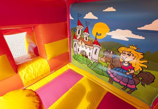 Midi multifun inflatable bounce house in for kids for sale in a colour combination of pink yellow and orange in princess theme. Online available at JB Inflatables UK 