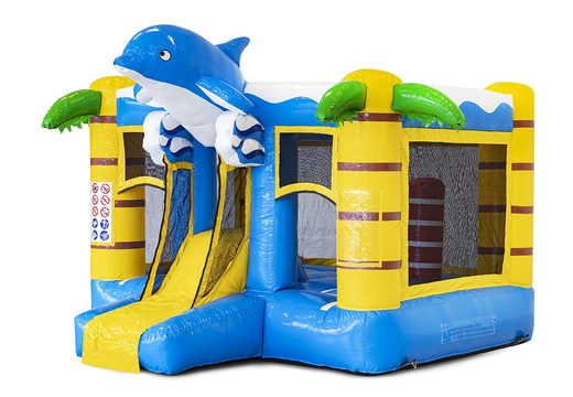 Order mini multiplay inflatable bouncy castle in blue dolphin theme with slide for children. Inflatable bouncy castles for sale at JB Inflatables UK