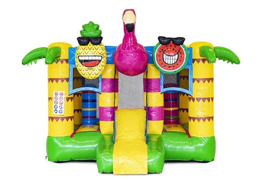 Mini multiplay inflatable bouncy castle in flamingo theme with slide for sale at JB Inflatables UK. Order mini inflatable bouncy castles with slide for children now