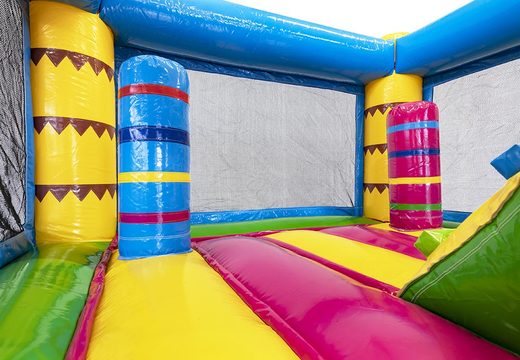 Buy mini inflatable flamingo-themed bouncy castle with slide for children. Order inflatable bouncy castles with slide online at JB Inflatables UK