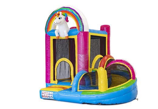 Buy a small indoor inflatable multiplay bouncy castle in the theme unicorn with slide for children. Order inflatable bouncy castles online at JB Inflatables UK