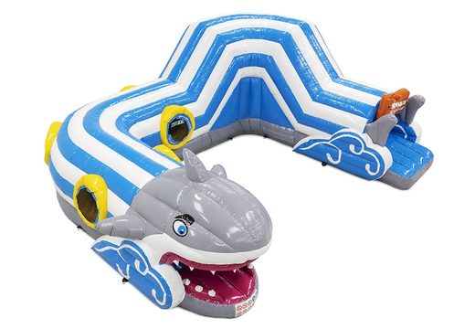 Order a crawl tunnel shark bouncy castle with obstacles, a climbing slope and a slide for kids. Buy inflatables online at JB Inflatables UK