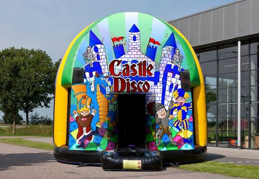 Disco multi-themed 5.5m bouncer for sale in Castle theme for kids. Buy inflatable bouncers online at JB Inflatables UK