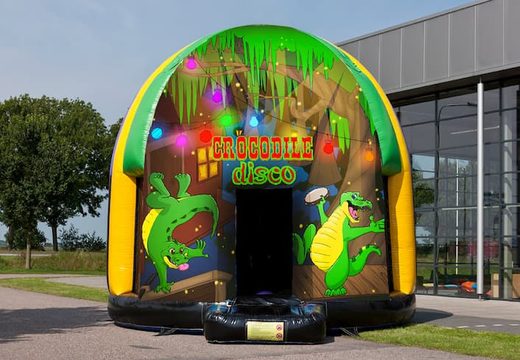 Buy now disco multi-themed 5.5 meter Crocodile themed bouncy castle for kids. Order bouncy castles now online at JB Inflatables UK