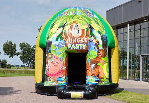 Disco multi-themed 5.5m bouncy castle in Jungle Party theme for kids. Buy inflatable bouncy castles online at JB Inflatables UK