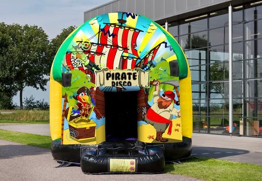 For sale disco multi-themed 5.5m bouncy castle in Pirate theme for children. Order inflatable bouncy castles now online at JB Inflatables UK