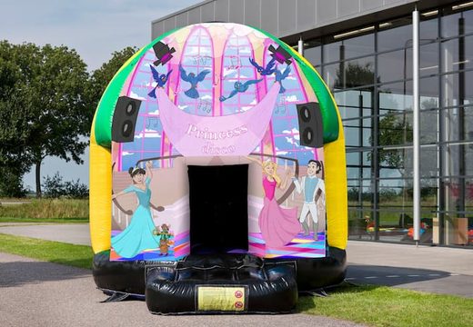 Disco multi-themed 5.5 meter bouncy castle for sale in Princess theme for kids. Order inflatable bouncy castles online at JB Inflatables UK