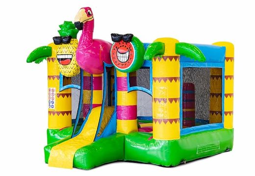 Mini multiplay inflatable flamingo-themed bouncy castle with slide to buy for children. Purchase inflatable bouncy castles online at JB Inflatables UK